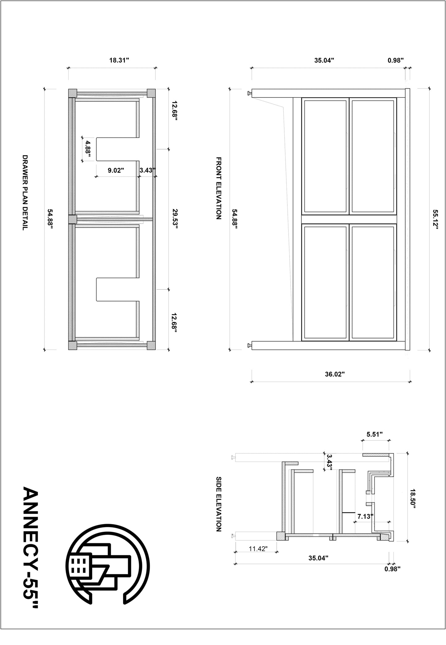 ANNECY 55” DARK WALNUT FREESTANDING MODERN BATHROOM VANITY