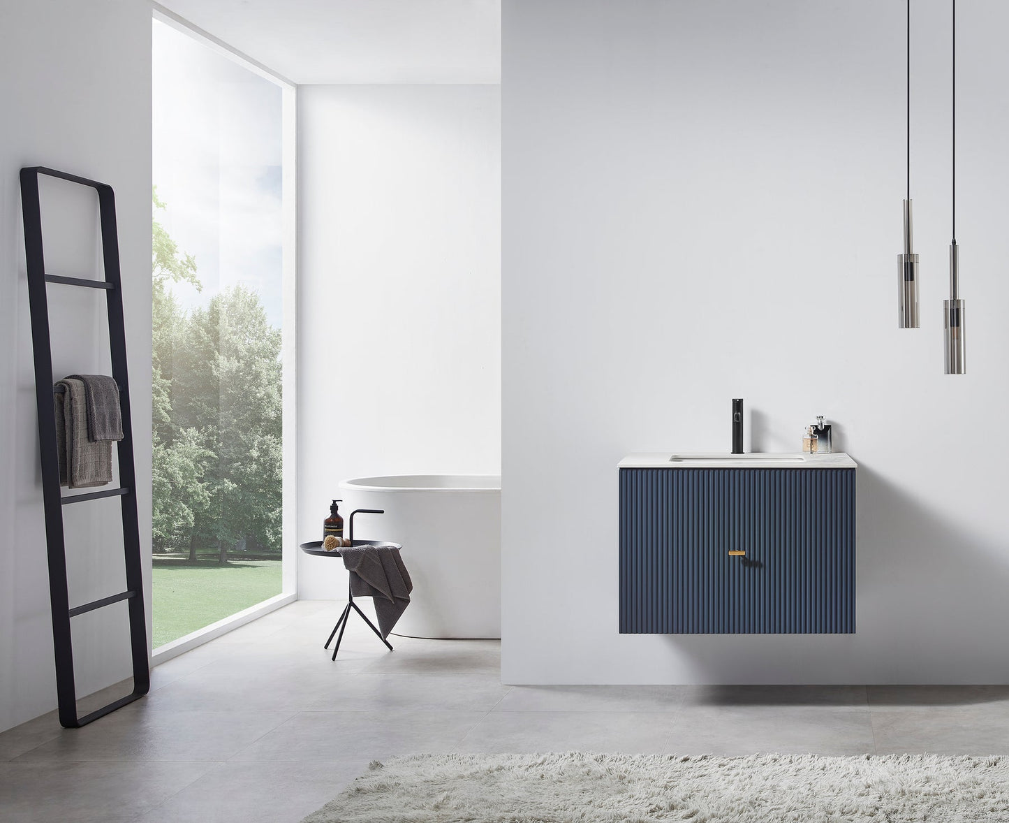 BARCELONA 30” DARK BLUE WALL MOUNT MODERN BATHROOM VANITY (WHITE COUNTERTOP)