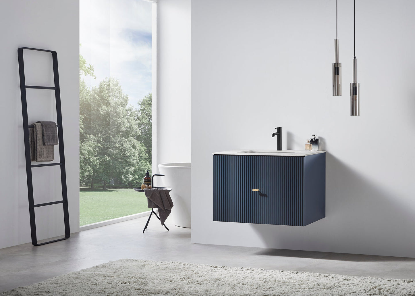 BARCELONA 30” DARK BLUE WALL MOUNT MODERN BATHROOM VANITY (WHITE COUNTERTOP)