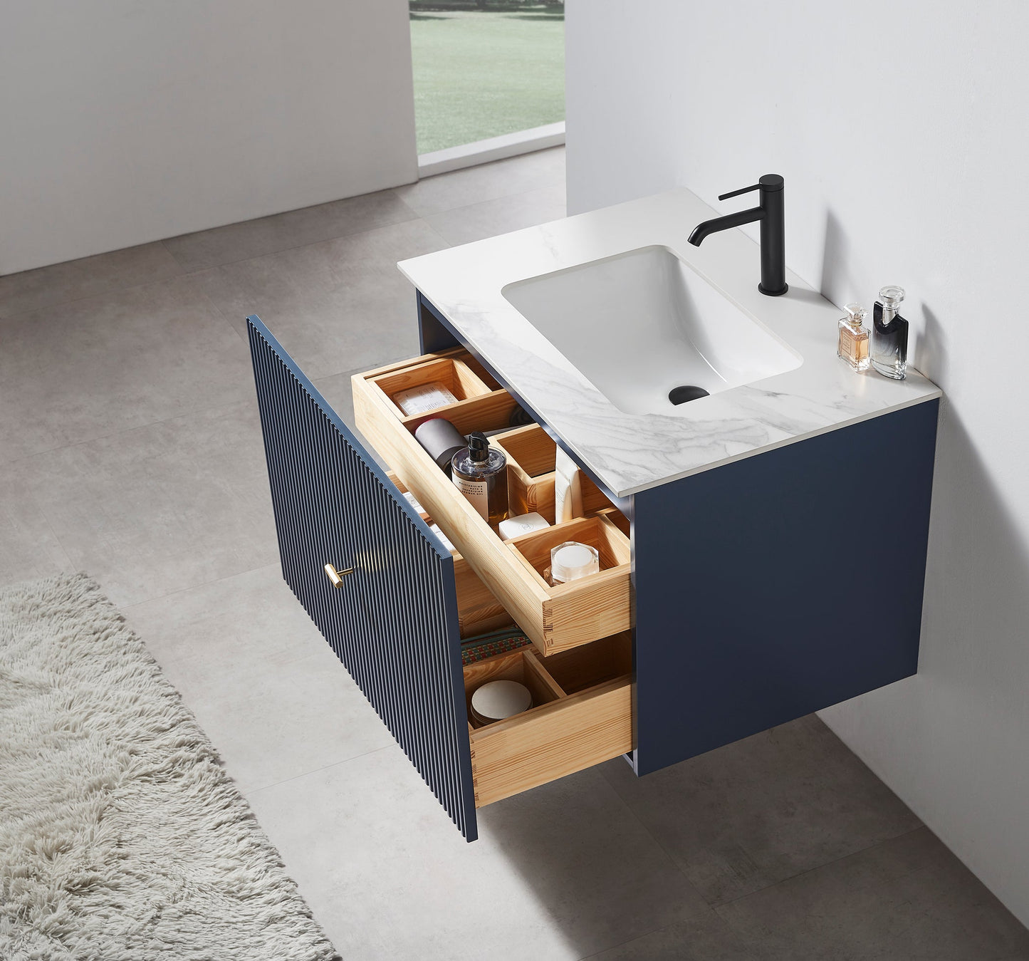 BARCELONA 30” DARK BLUE WALL MOUNT MODERN BATHROOM VANITY (WHITE COUNTERTOP)