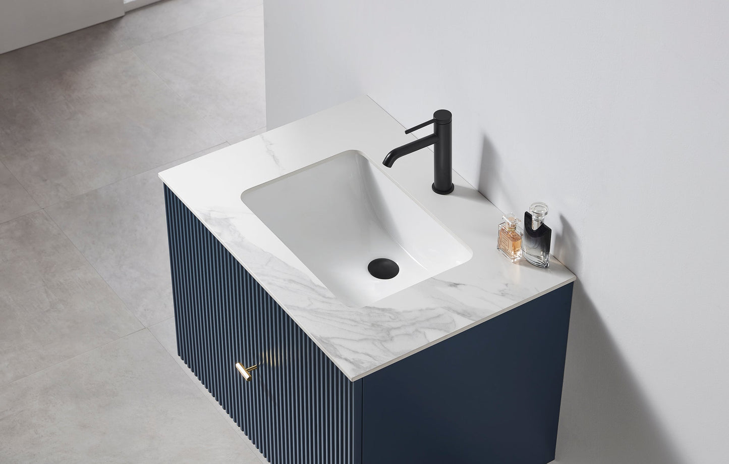 BARCELONA 30” DARK BLUE WALL MOUNT MODERN BATHROOM VANITY (WHITE COUNTERTOP)