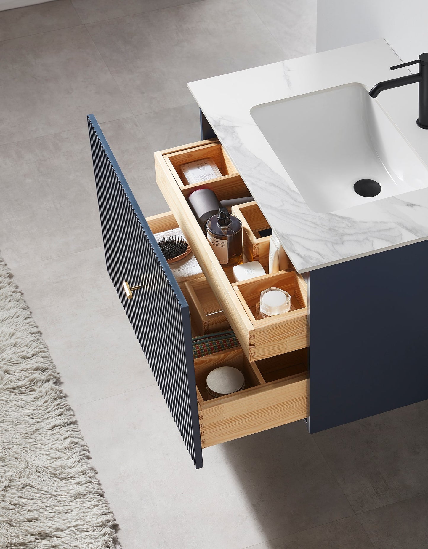 BARCELONA 30” DARK BLUE WALL MOUNT MODERN BATHROOM VANITY (WHITE COUNTERTOP)