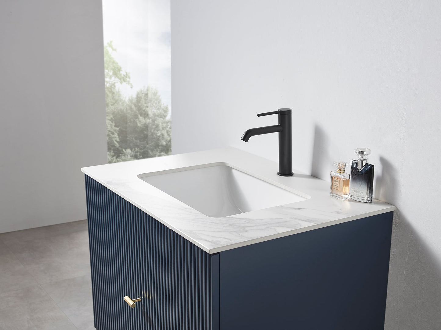 BARCELONA 30” DARK BLUE WALL MOUNT MODERN BATHROOM VANITY (WHITE COUNTERTOP)