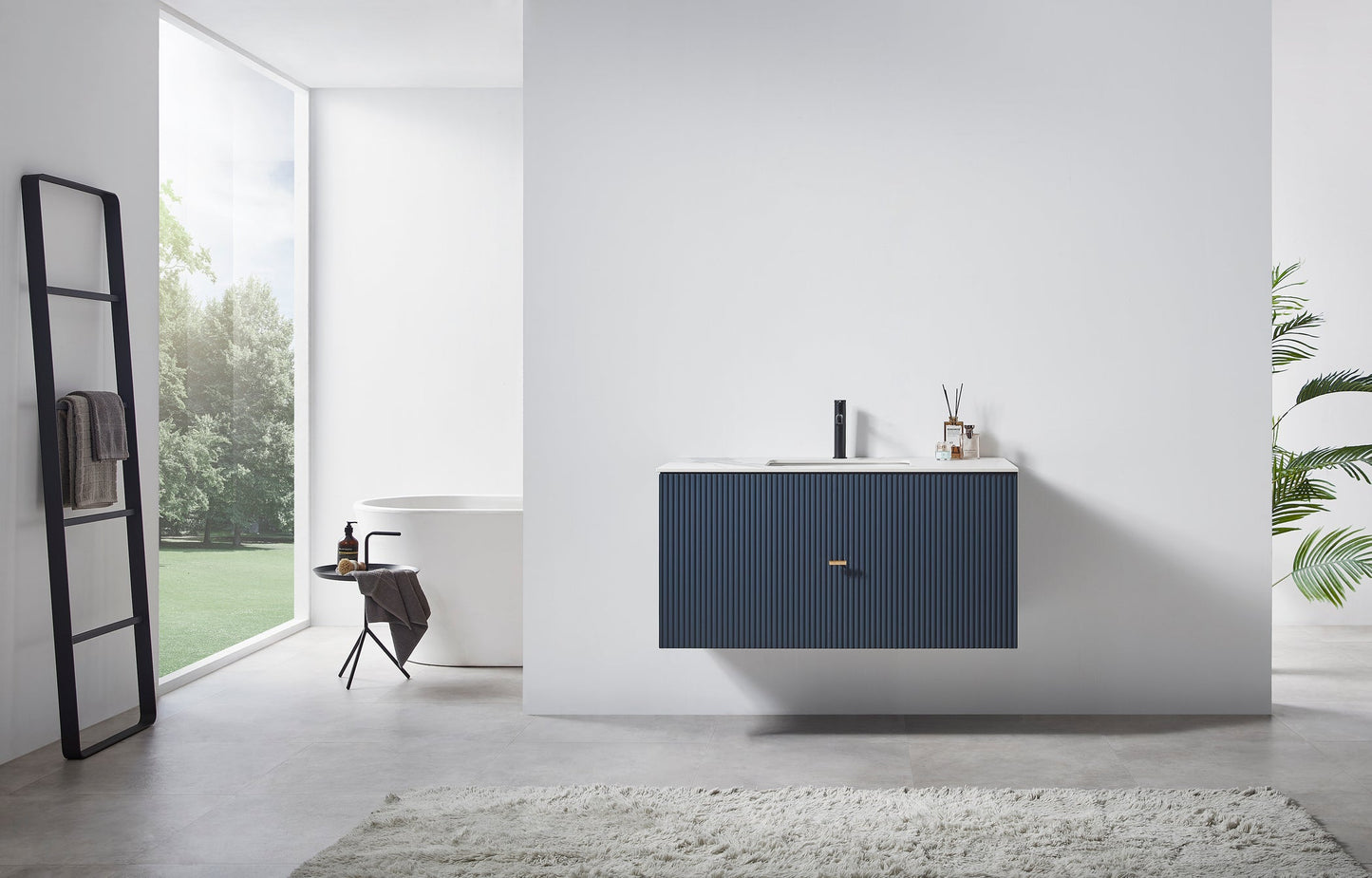 BARCELONA 42” DARK BLUE WALL MOUNT MODERN BATHROOM VANITY (WHITE COUNTERTOP)
