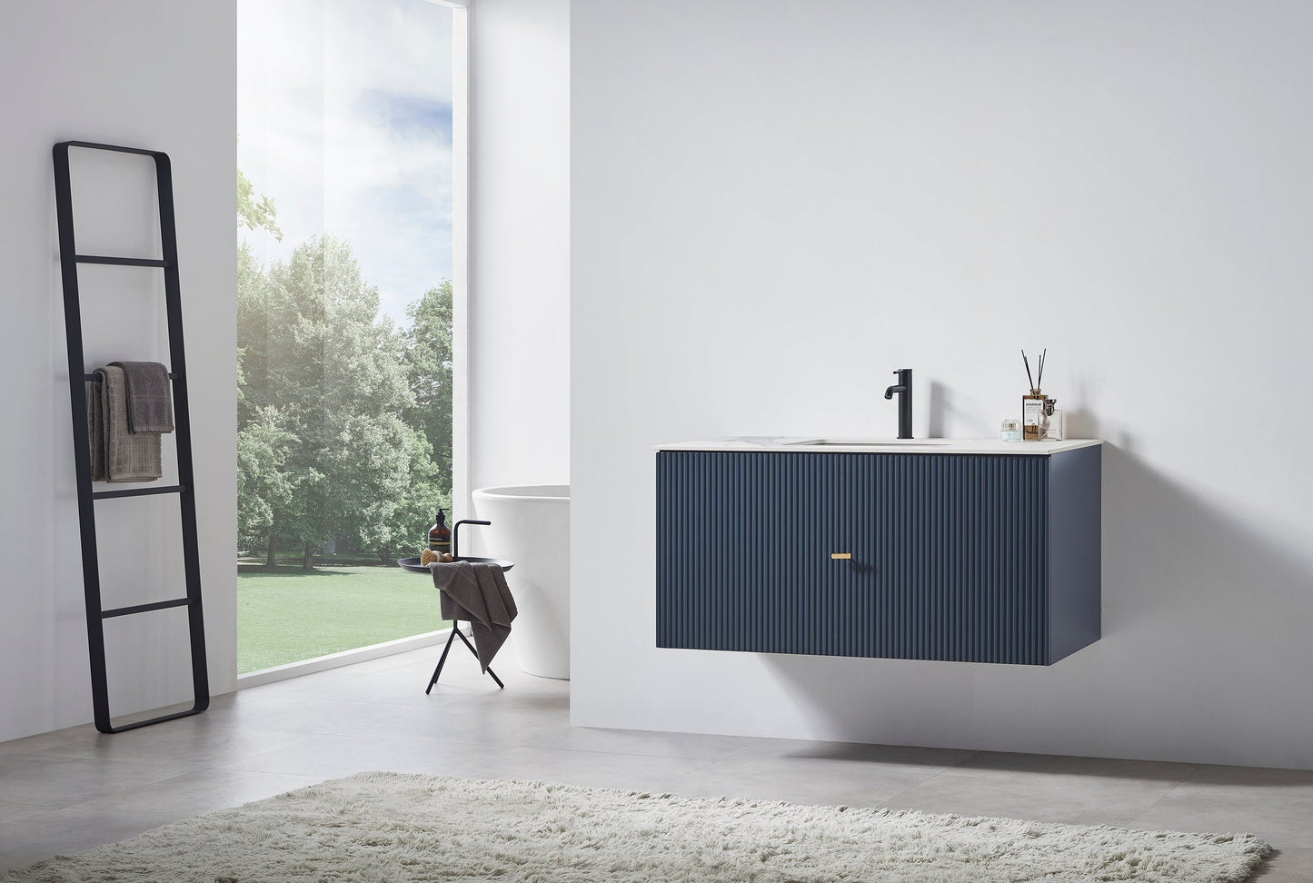 BARCELONA 42” DARK BLUE WALL MOUNT MODERN BATHROOM VANITY (WHITE COUNTERTOP)