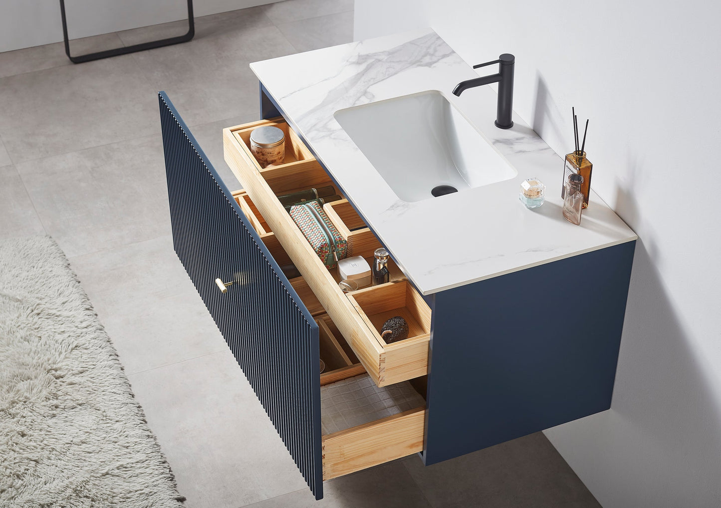BARCELONA 42” DARK BLUE WALL MOUNT MODERN BATHROOM VANITY (WHITE COUNTERTOP)