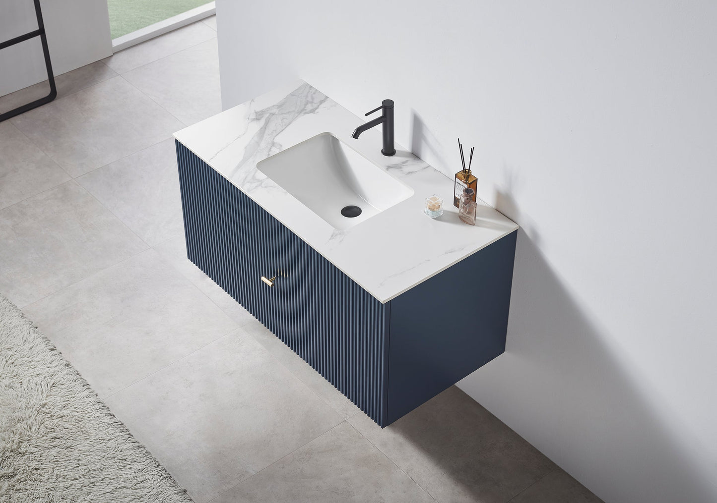 BARCELONA 42” DARK BLUE WALL MOUNT MODERN BATHROOM VANITY (WHITE COUNTERTOP)