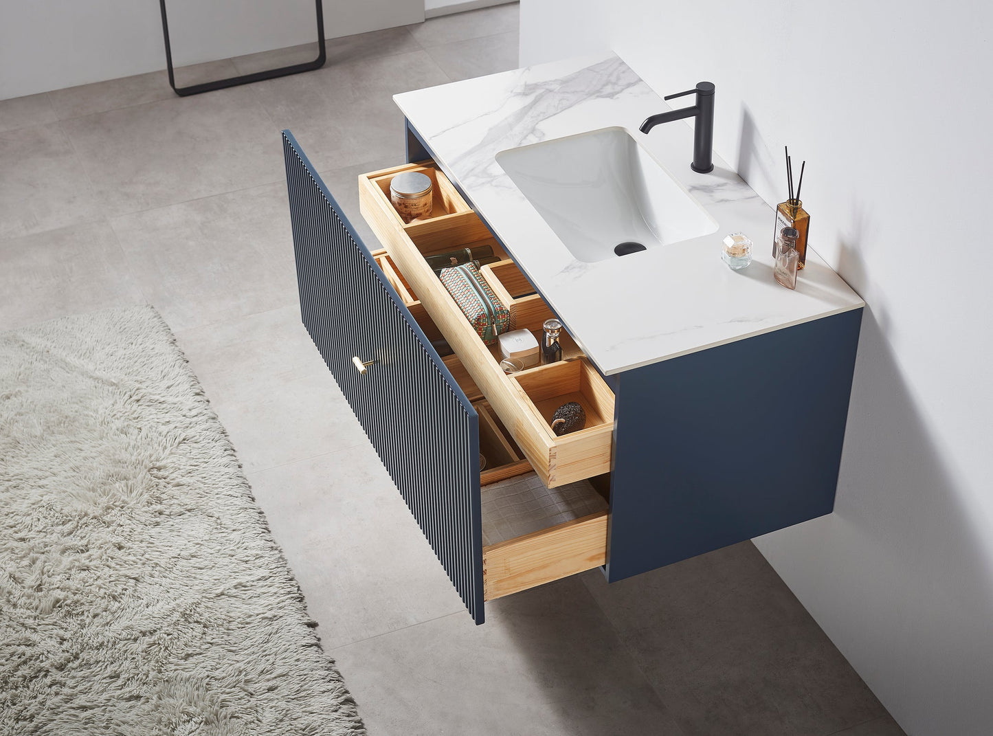 BARCELONA 42” DARK BLUE WALL MOUNT MODERN BATHROOM VANITY (WHITE COUNTERTOP)