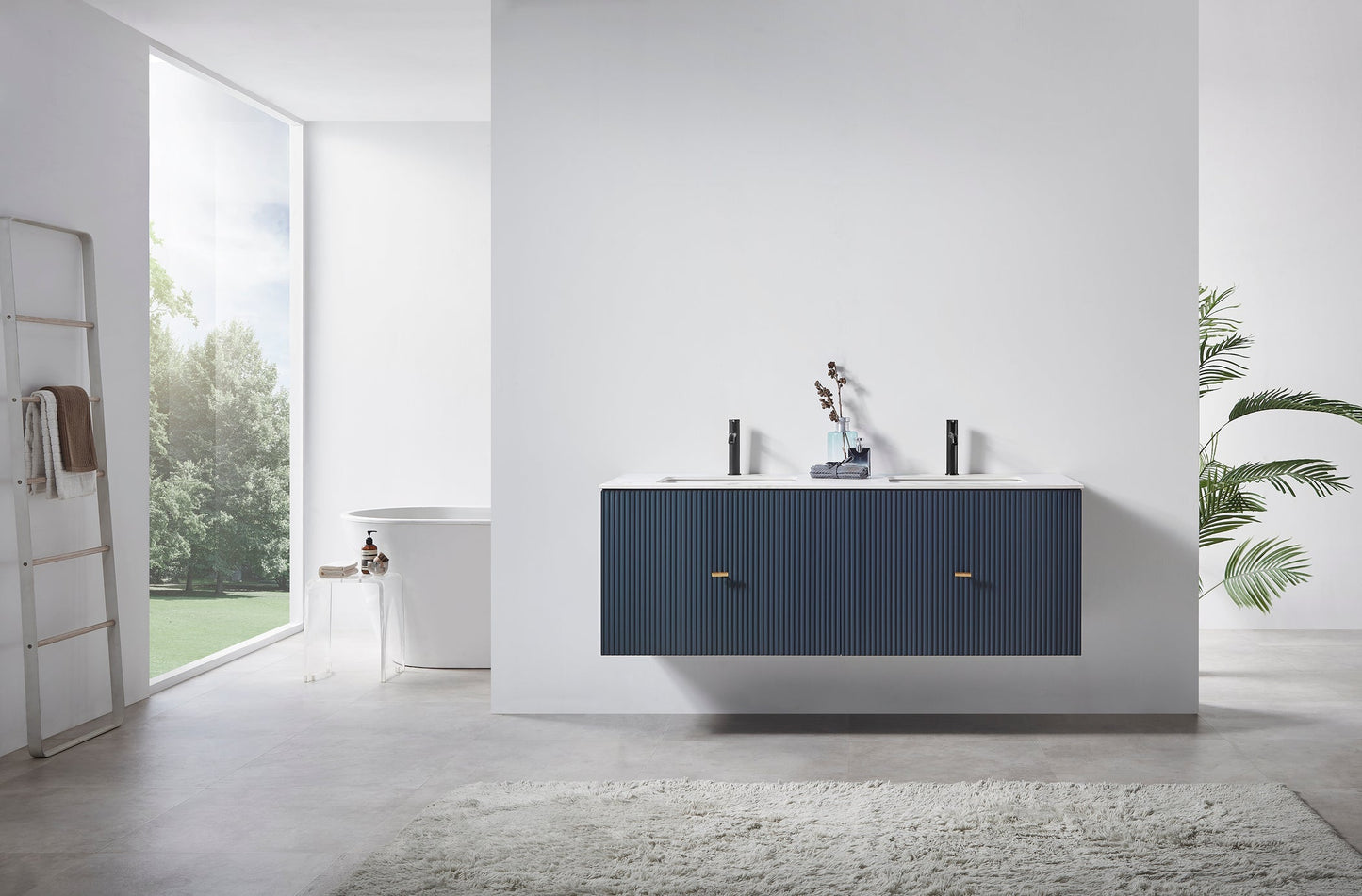BARCELONA 60” DARK BLUE WALL MOUNT MODERN BATHROOM VANITY (WHITE COUNTERTOP)
