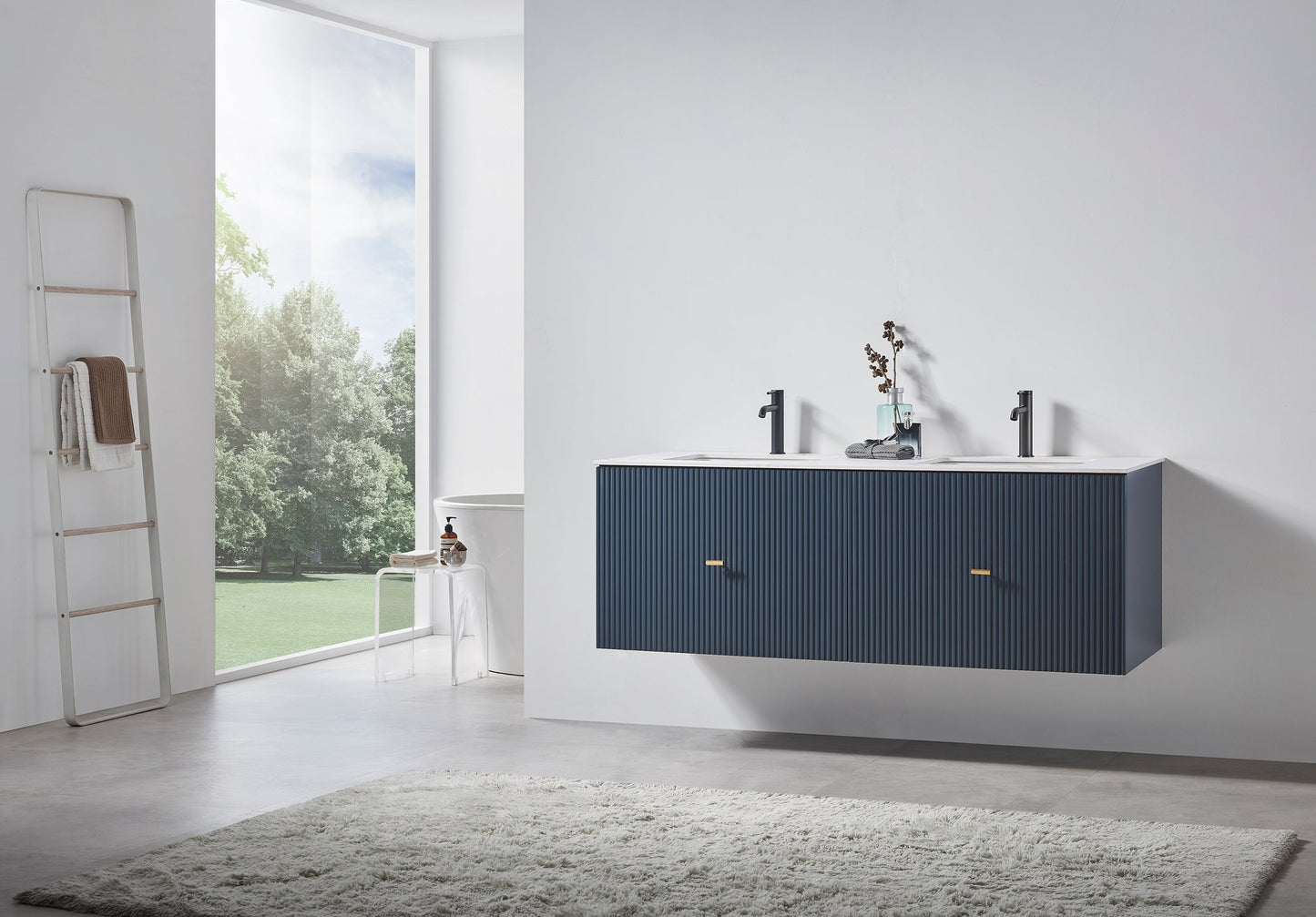 BARCELONA 60” DARK BLUE WALL MOUNT MODERN BATHROOM VANITY (WHITE COUNTERTOP)