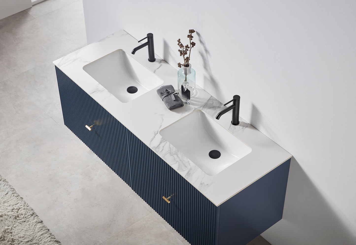 BARCELONA 60” DARK BLUE WALL MOUNT MODERN BATHROOM VANITY (WHITE COUNTERTOP)