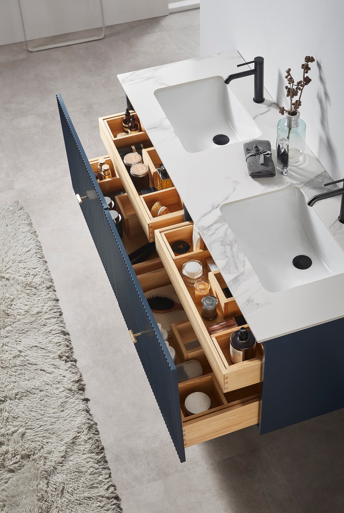 BARCELONA 60” DARK BLUE WALL MOUNT MODERN BATHROOM VANITY (WHITE COUNTERTOP)