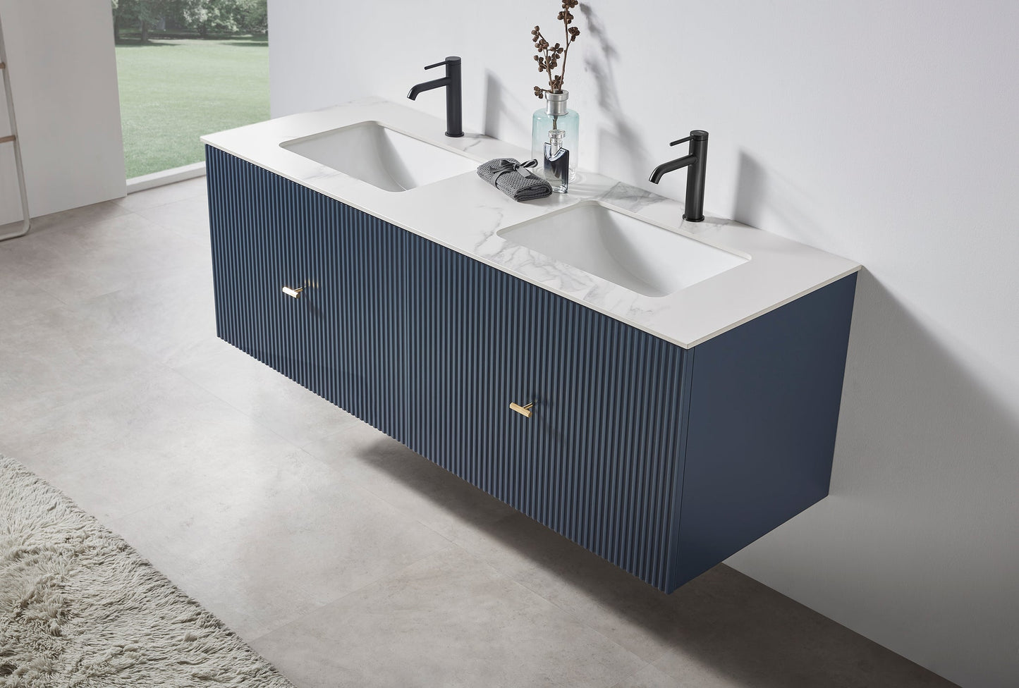 BARCELONA 60” DARK BLUE WALL MOUNT MODERN BATHROOM VANITY (WHITE COUNTERTOP)