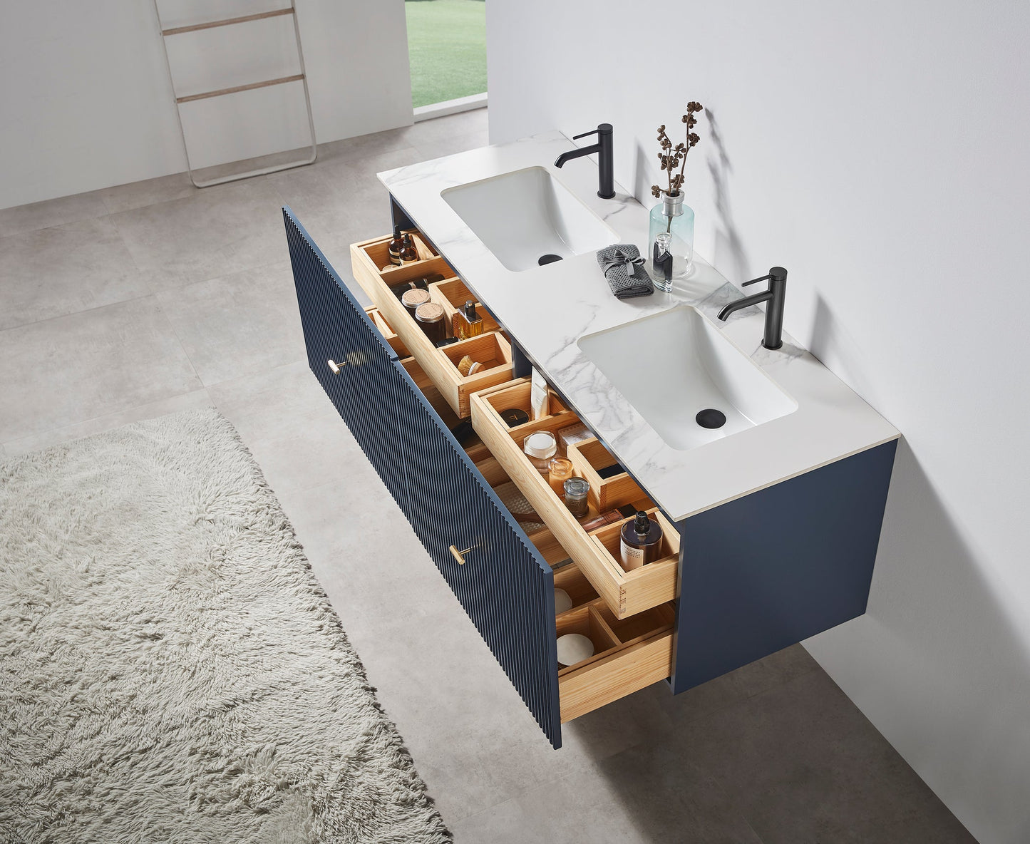 BARCELONA 60” DARK BLUE WALL MOUNT MODERN BATHROOM VANITY (WHITE COUNTERTOP)