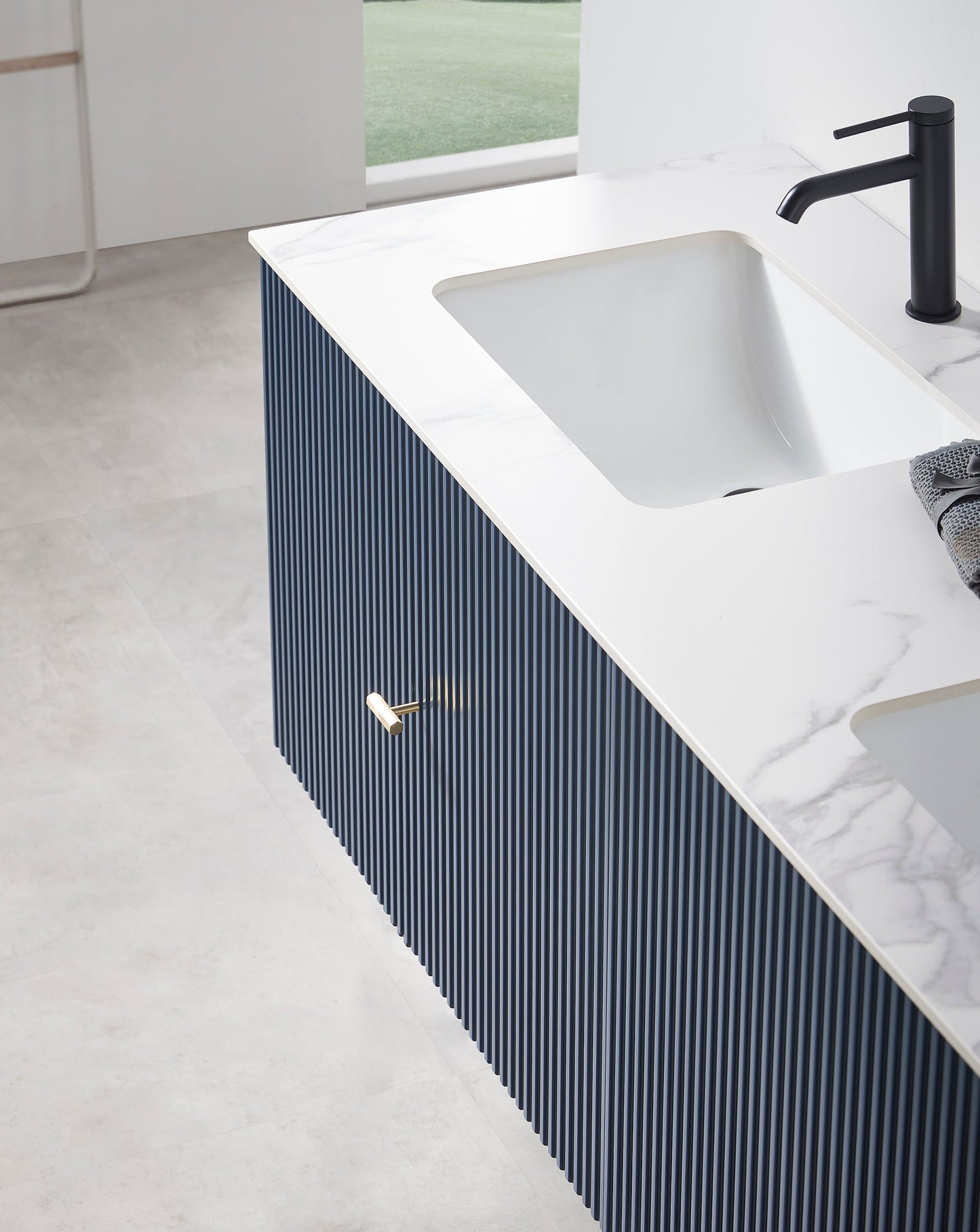 BARCELONA 60” DARK BLUE WALL MOUNT MODERN BATHROOM VANITY (WHITE COUNTERTOP)