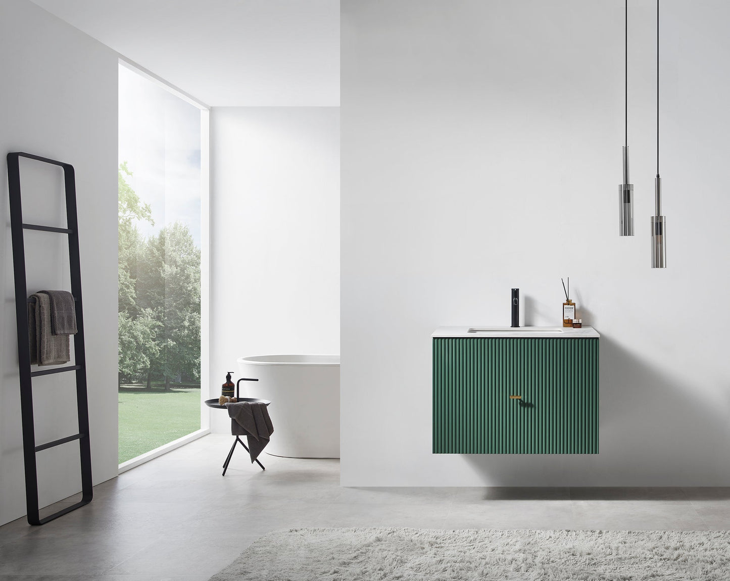 BARCELONA 30” FOREST GREEN WALL MOUNT MODERN BATHROOM VANITY (WHITE COUNTERTOP)