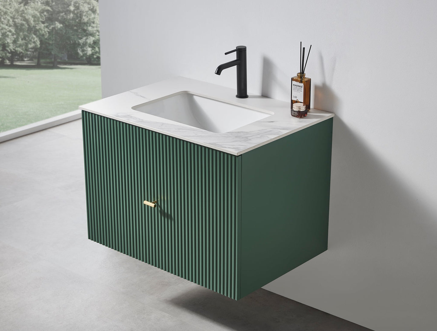 BARCELONA 30” FOREST GREEN WALL MOUNT MODERN BATHROOM VANITY (WHITE COUNTERTOP)