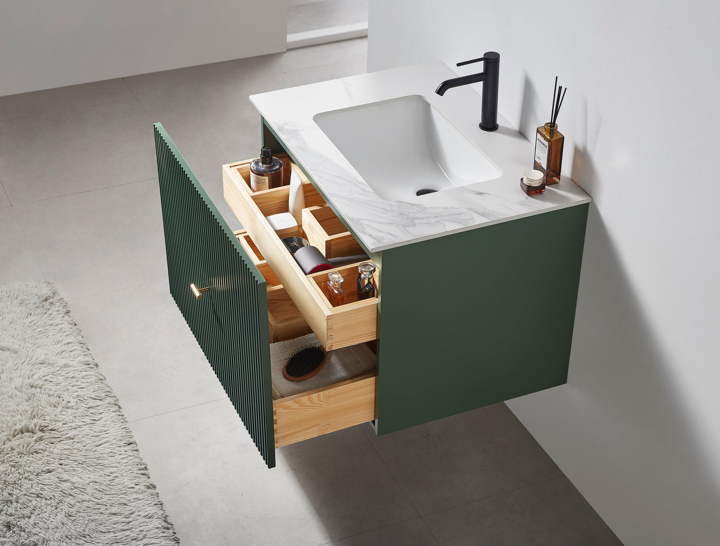 BARCELONA 30” FOREST GREEN WALL MOUNT MODERN BATHROOM VANITY (WHITE COUNTERTOP)