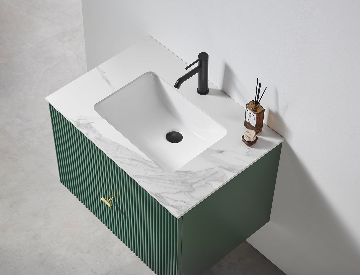 BARCELONA 30” FOREST GREEN WALL MOUNT MODERN BATHROOM VANITY (WHITE COUNTERTOP)