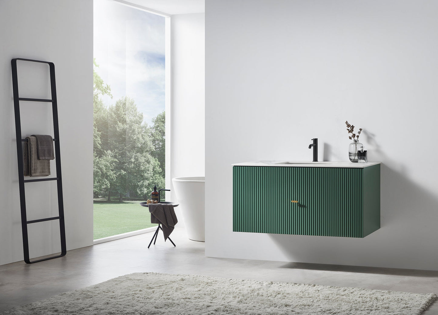 BARCELONA 42” FOREST GREEN WALL MOUNT MODERN BATHROOM VANITY (WHITE COUNTERTOP)