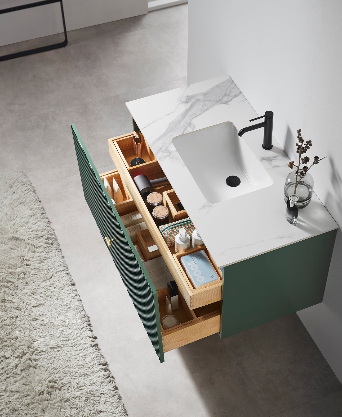 BARCELONA 42” FOREST GREEN WALL MOUNT MODERN BATHROOM VANITY (WHITE COUNTERTOP)