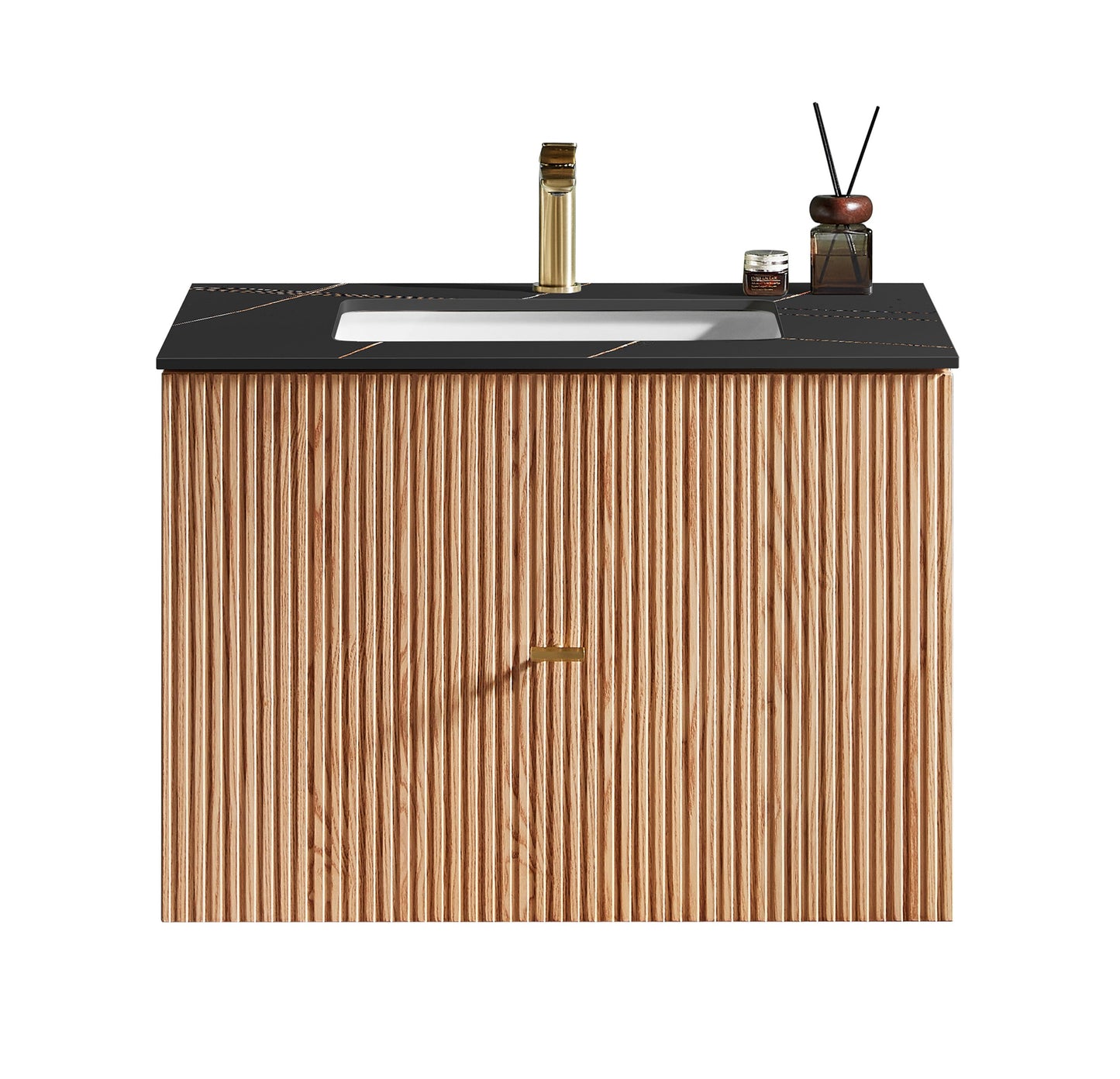 BARCELONA 30” NATURAL OAK WALL MOUNT MODERN BATHROOM VANITY (BLACK COUNTERTOP)