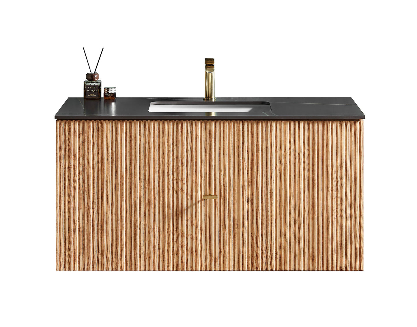 BARCELONA 42” NATURAL OAK WALL MOUNT MODERN BATHROOM VANITY (BLACK COUNTERTOP)