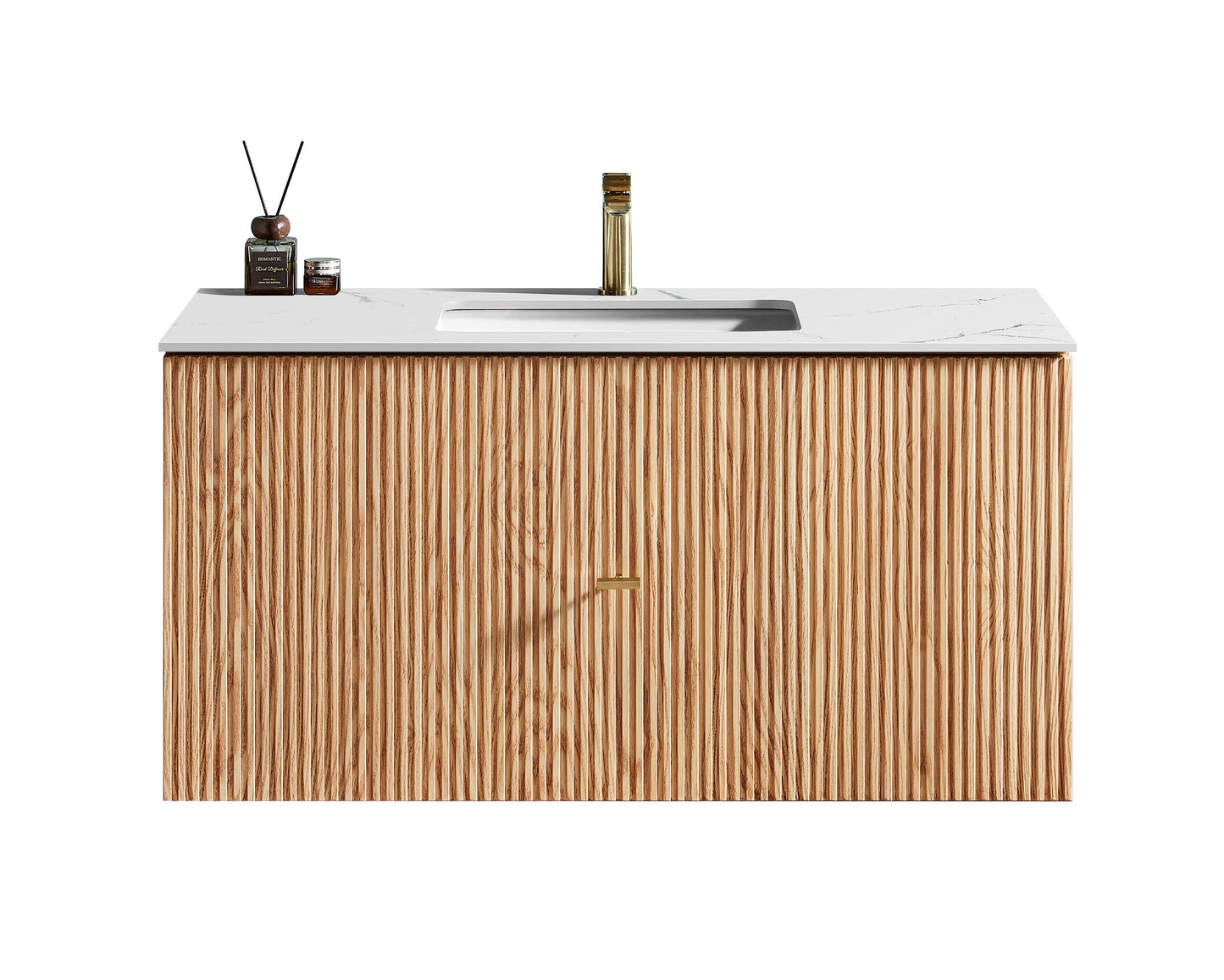 BARCELONA 42” NATURAL OAK WALL MOUNT MODERN BATHROOM VANITY (WHITE COUNTERTOP)