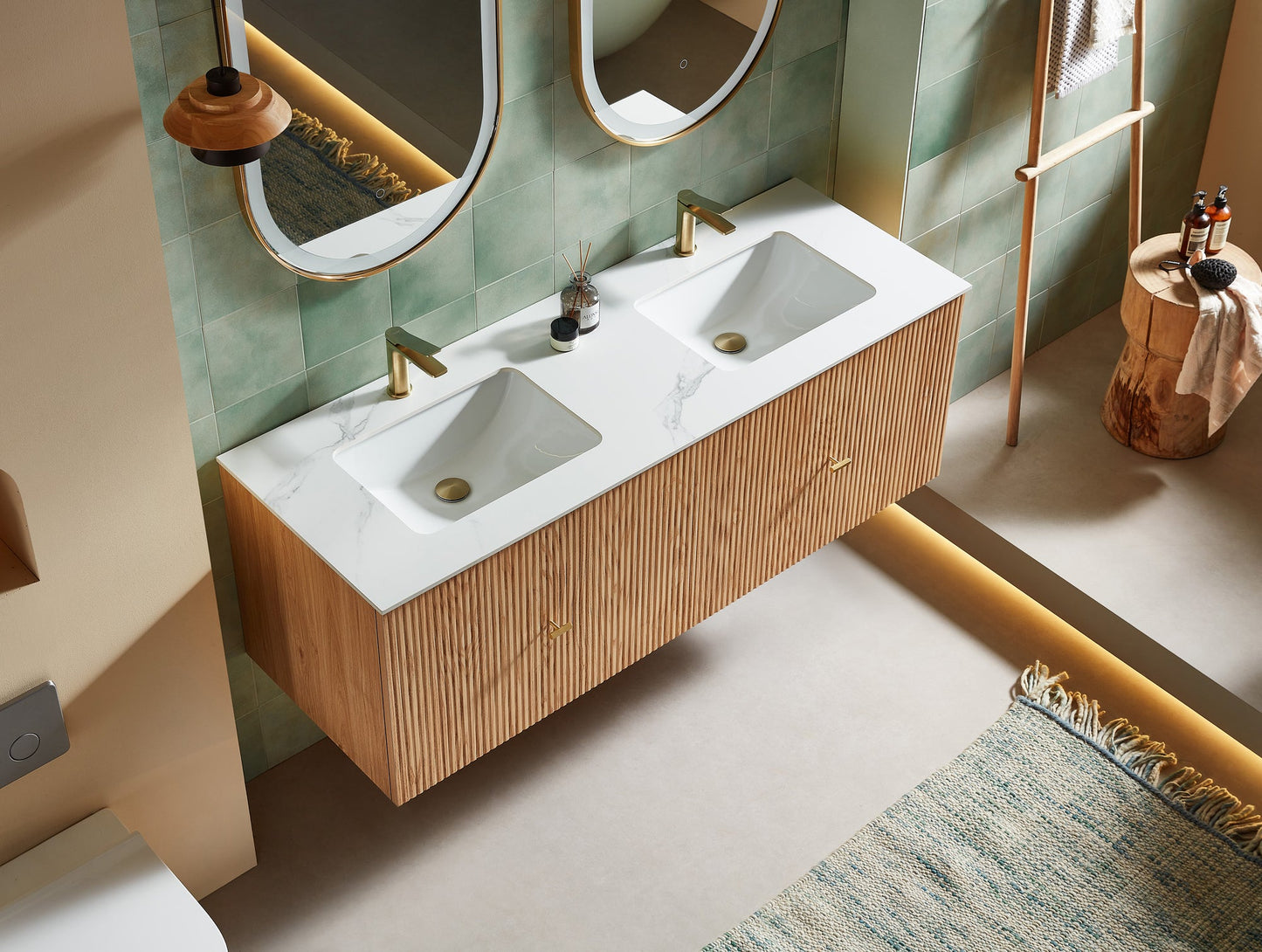 BARCELONA 60” NATURAL OAK WALL MOUNT MODERN BATHROOM VANITY (WHITE COUNTERTOP)
