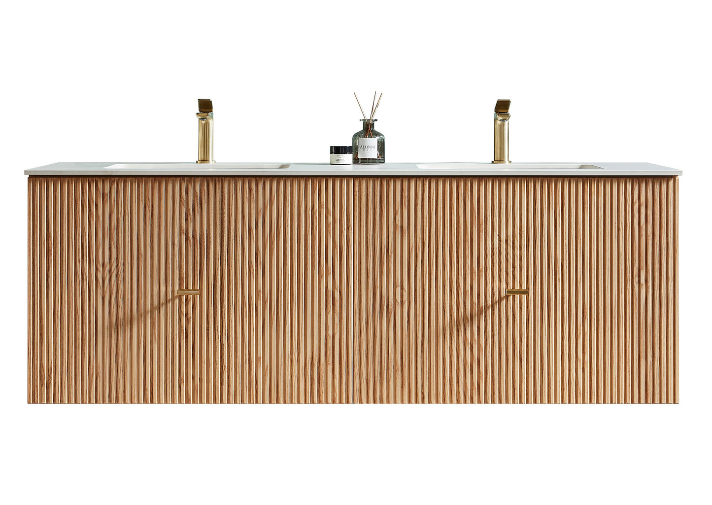 BARCELONA 60” NATURAL OAK WALL MOUNT MODERN BATHROOM VANITY (WHITE COUNTERTOP)