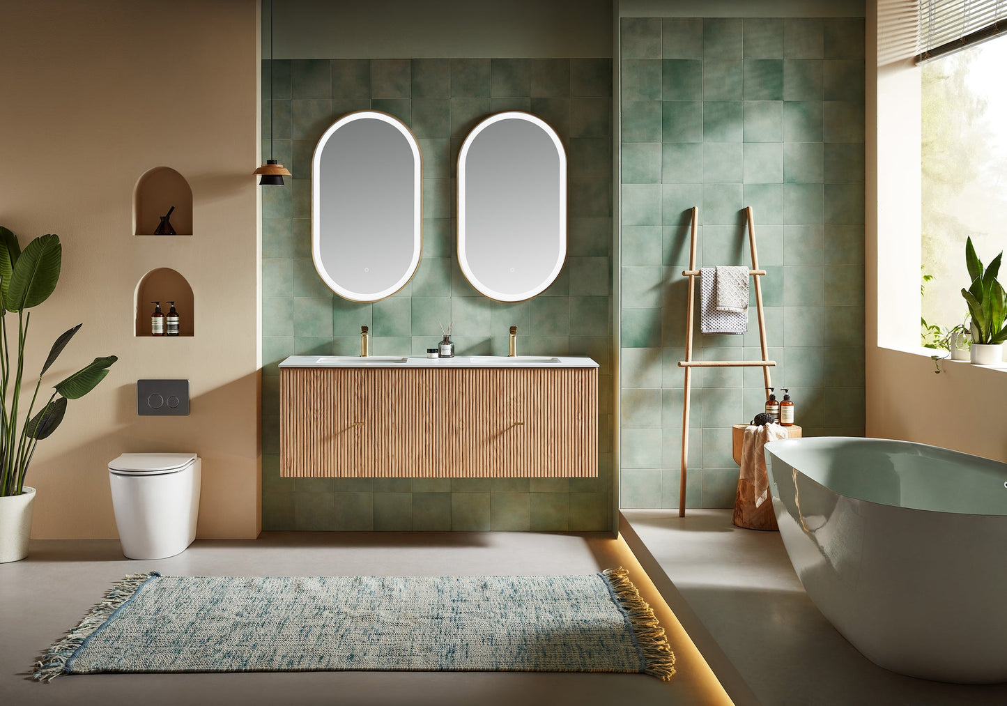 BARCELONA 60” NATURAL OAK WALL MOUNT MODERN BATHROOM VANITY (WHITE COUNTERTOP)