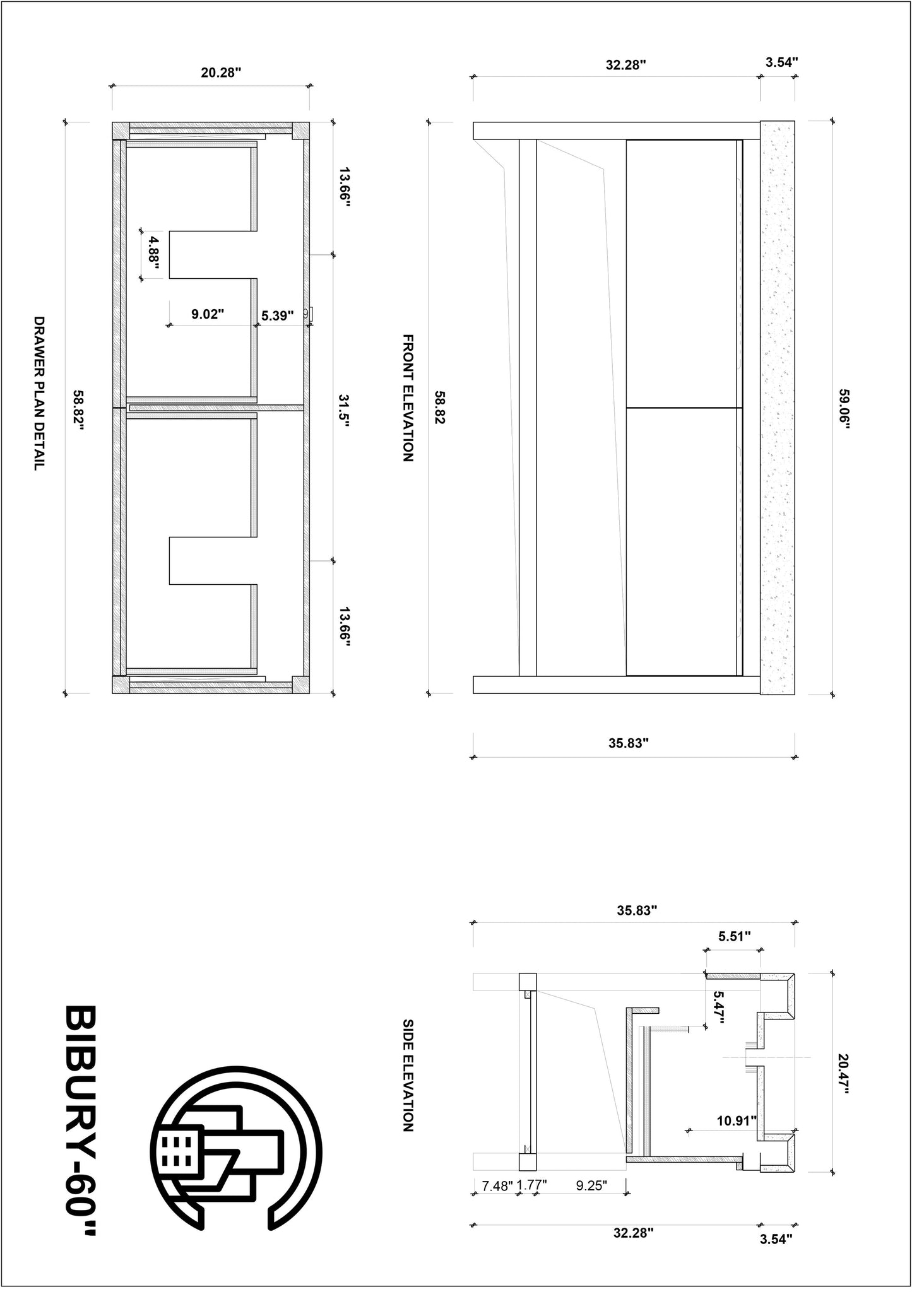 BIBURY 60” WHITEWASH OAK FREESTANDING MODERN BATHROOM VANITY
