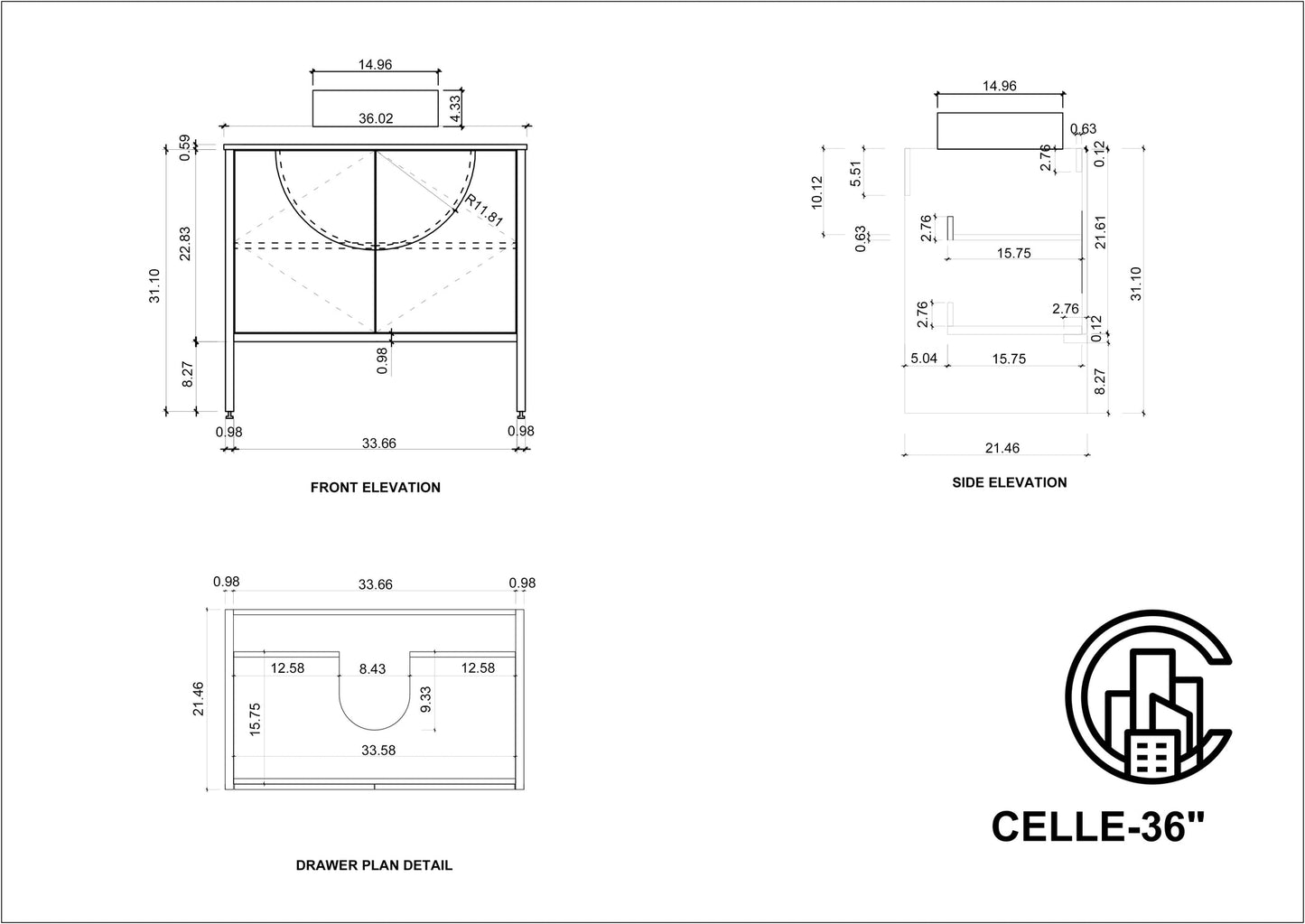 CELLE 36” PECAN OAK FREESTANDING MODERN BATHROOM VANITY