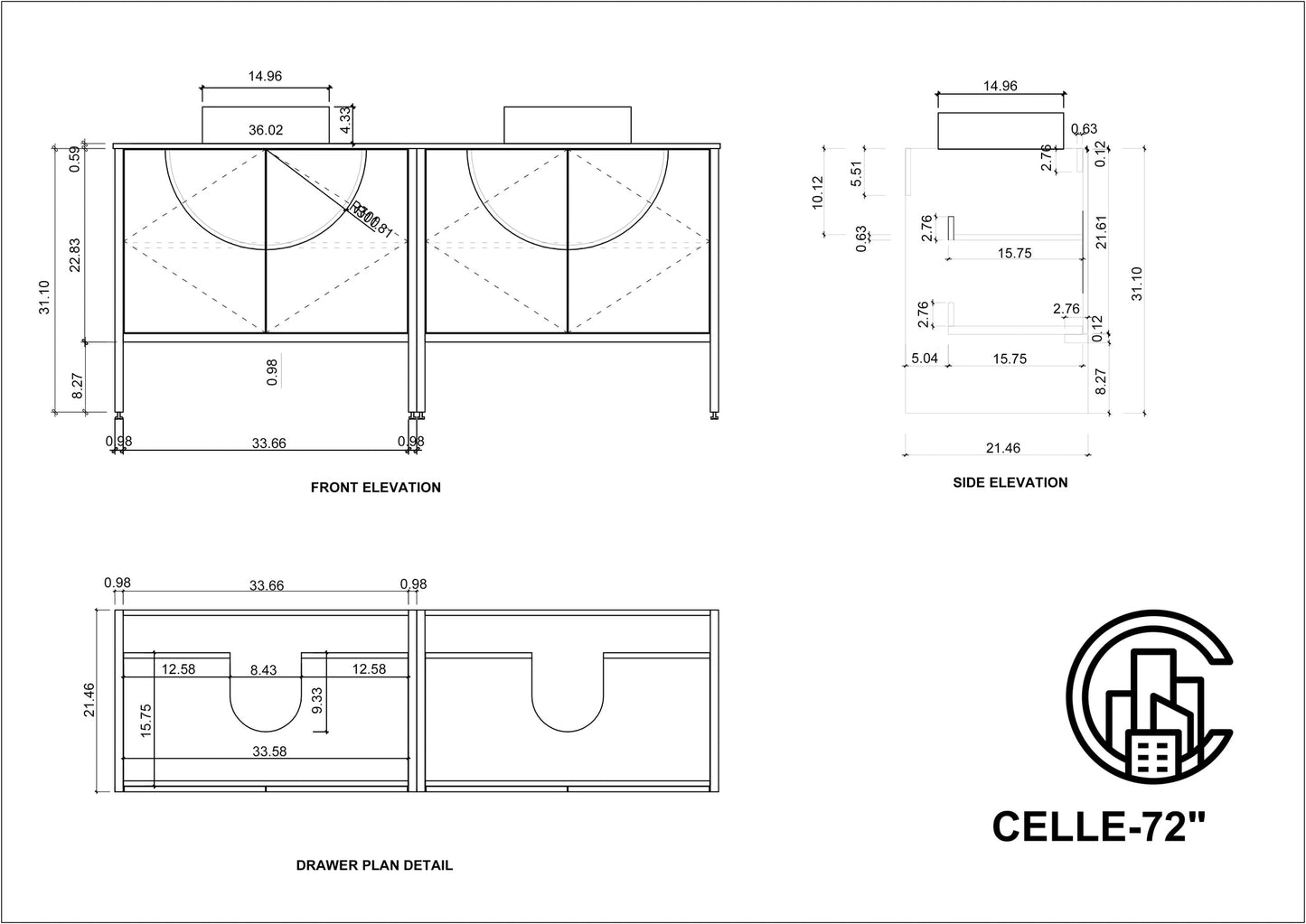 CELLE 72” PECAN OAK FREESTANDING MODERN BATHROOM VANITY