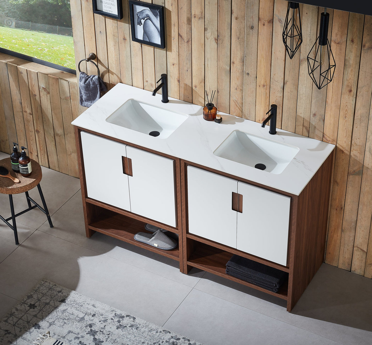 LYON 60” BEIGE/WALNUT MODERN FREESTANDING BATHROOM VANITY (WHITE COUNTERTOP)