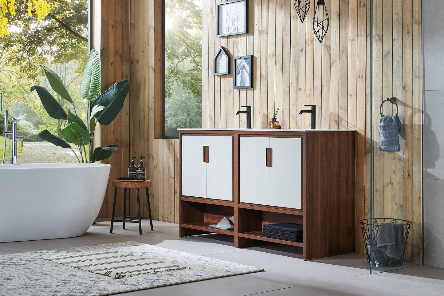 LYON 60” BEIGE/WALNUT MODERN FREESTANDING BATHROOM VANITY (WHITE COUNTERTOP)