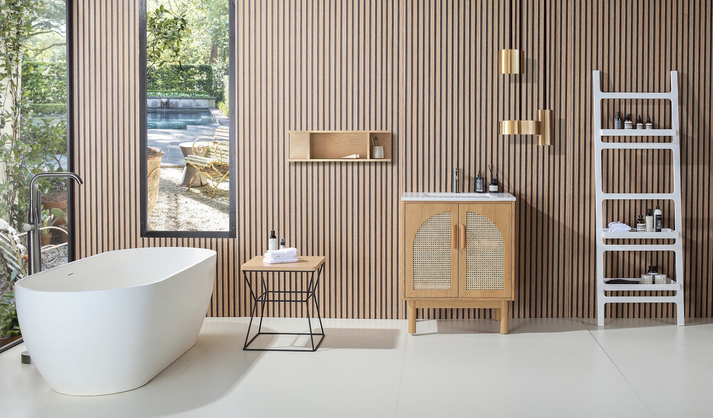 NARA 30” PECAN OAK MID-CENTURY FREESTANDING BATHROOM VANITY