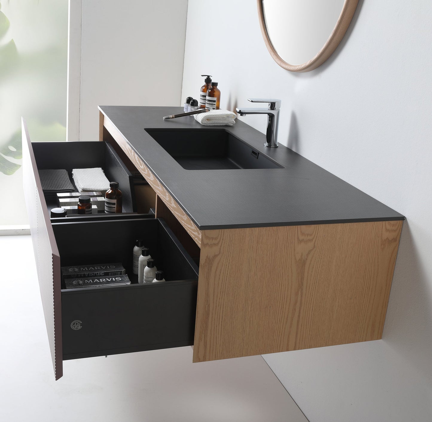 OSLO 60” CARAMEL/WHITEWASH WALL MOUNT MODERN BATHROOM VANITY
