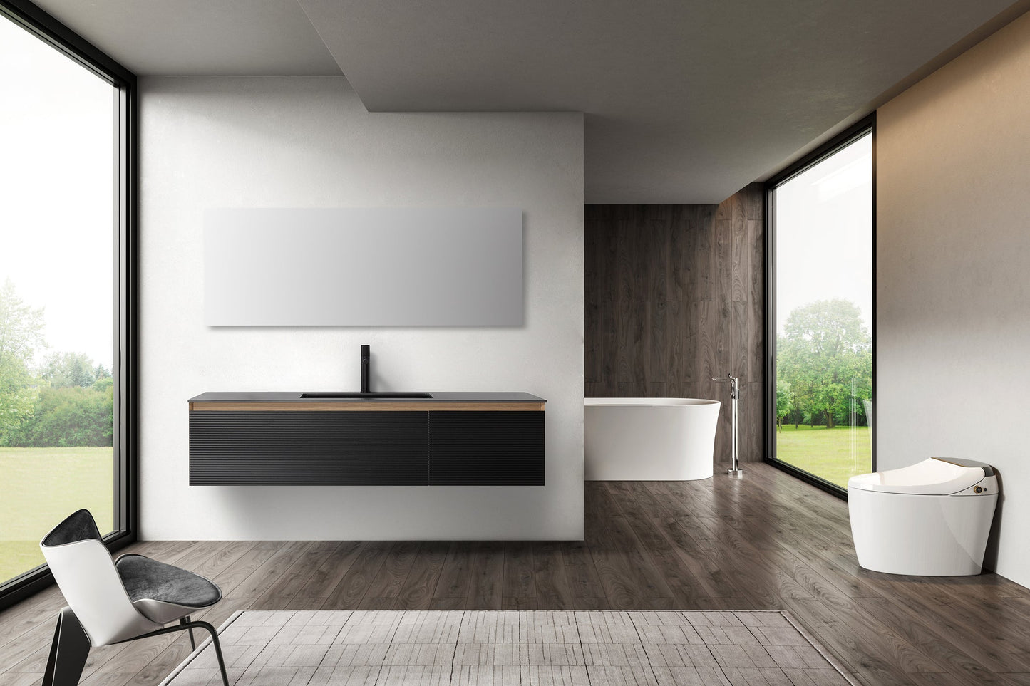 OSLO 60” MATTE BLACK/WHITEWASH WALL MOUNT MODERN BATHROOM VANITY