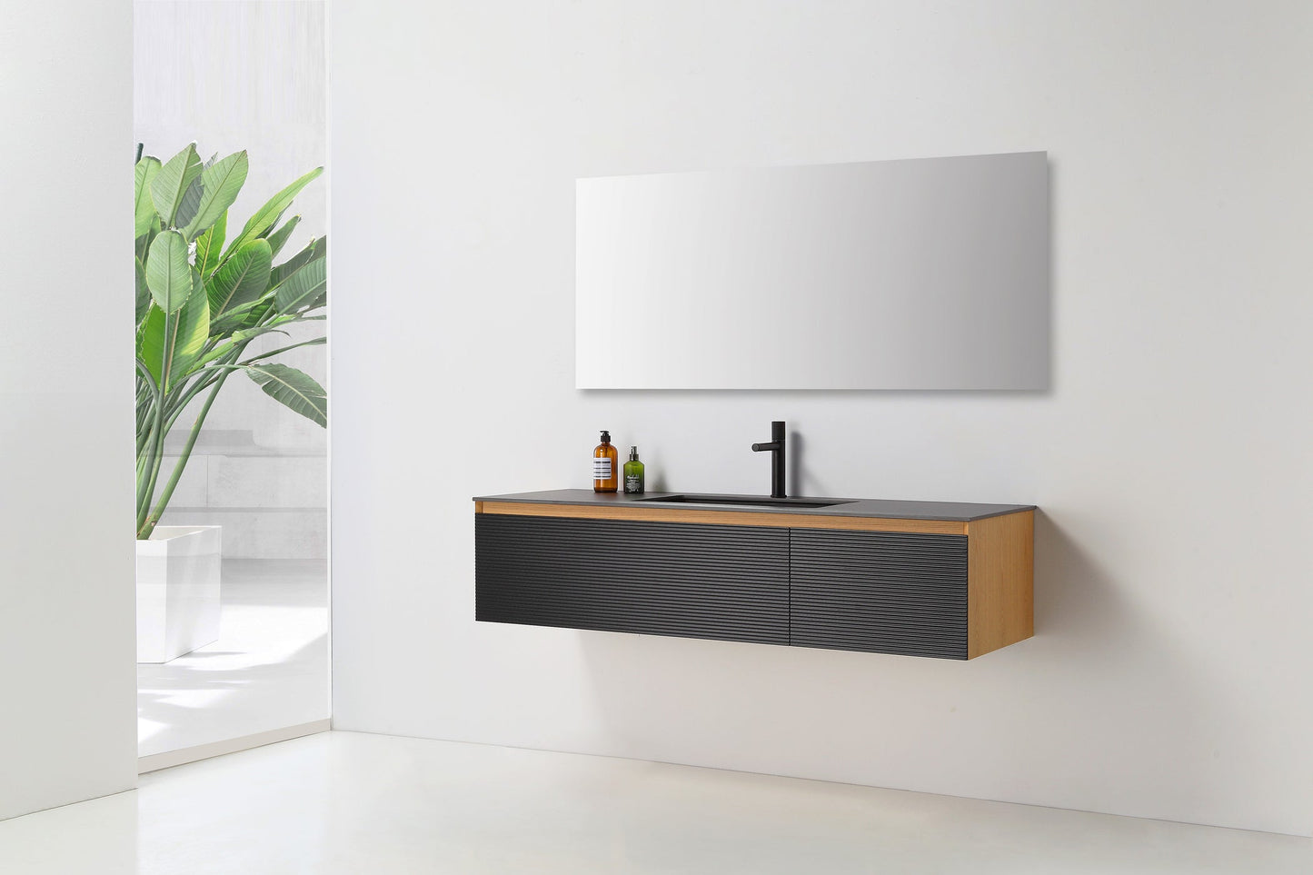 OSLO 60” MATTE BLACK/WHITEWASH WALL MOUNT MODERN BATHROOM VANITY