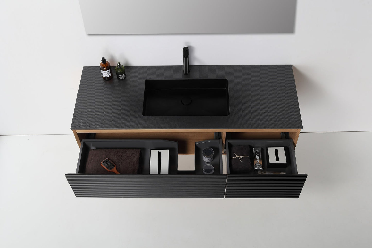 OSLO 60” MATTE BLACK/WHITEWASH WALL MOUNT MODERN BATHROOM VANITY