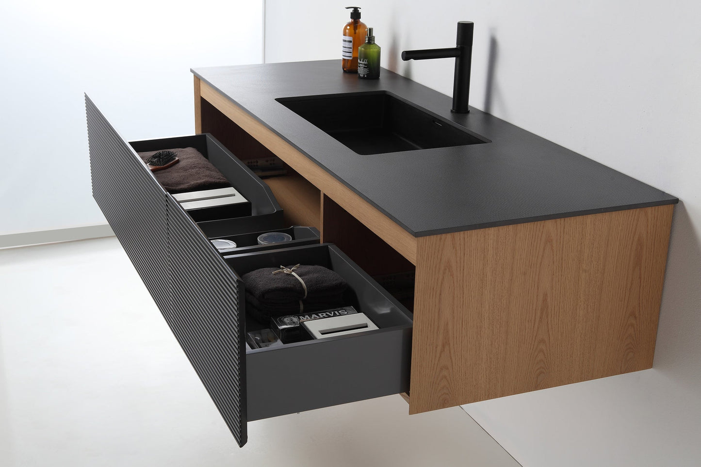 OSLO 60” MATTE BLACK/WHITEWASH WALL MOUNT MODERN BATHROOM VANITY