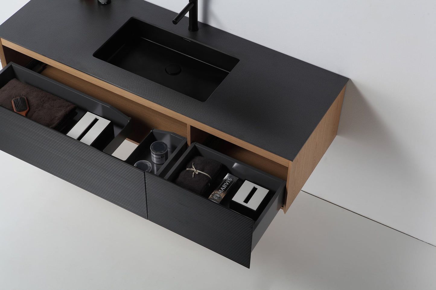 OSLO 60” MATTE BLACK/WHITEWASH WALL MOUNT MODERN BATHROOM VANITY