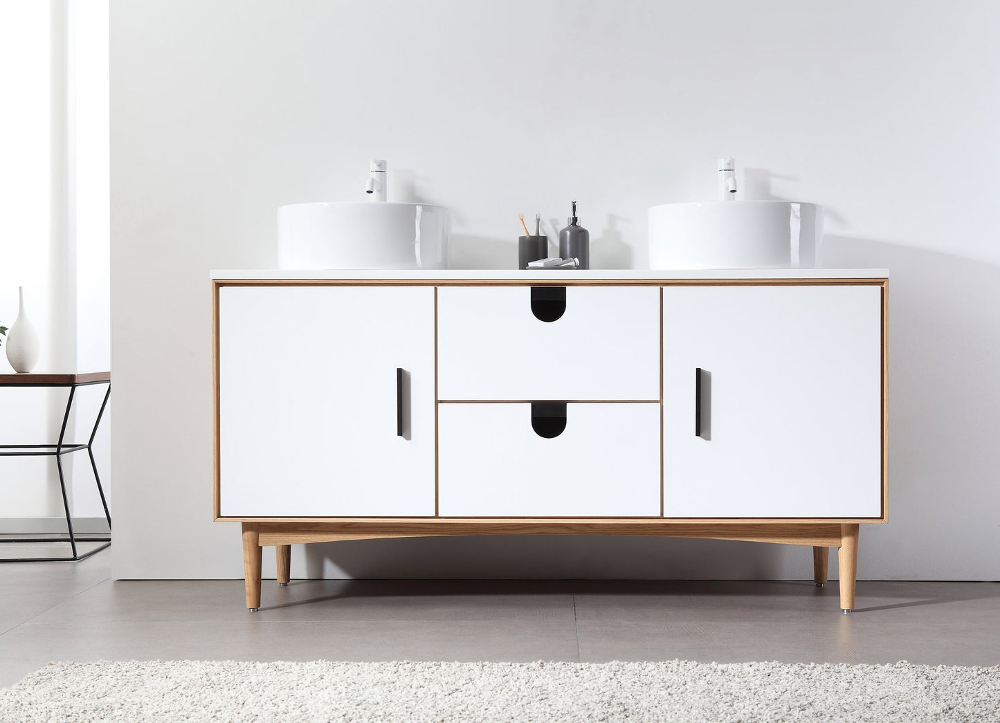 PORTREE 60” MATTE WHITE MID-CENTURY FREESTANDING BATHROOM VANITY