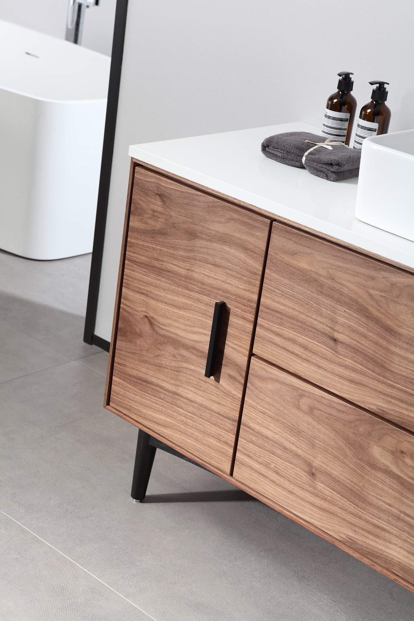 PORTREE 48” WALNUT MID-CENTURY FREESTANDING BATHROOM VANITY
