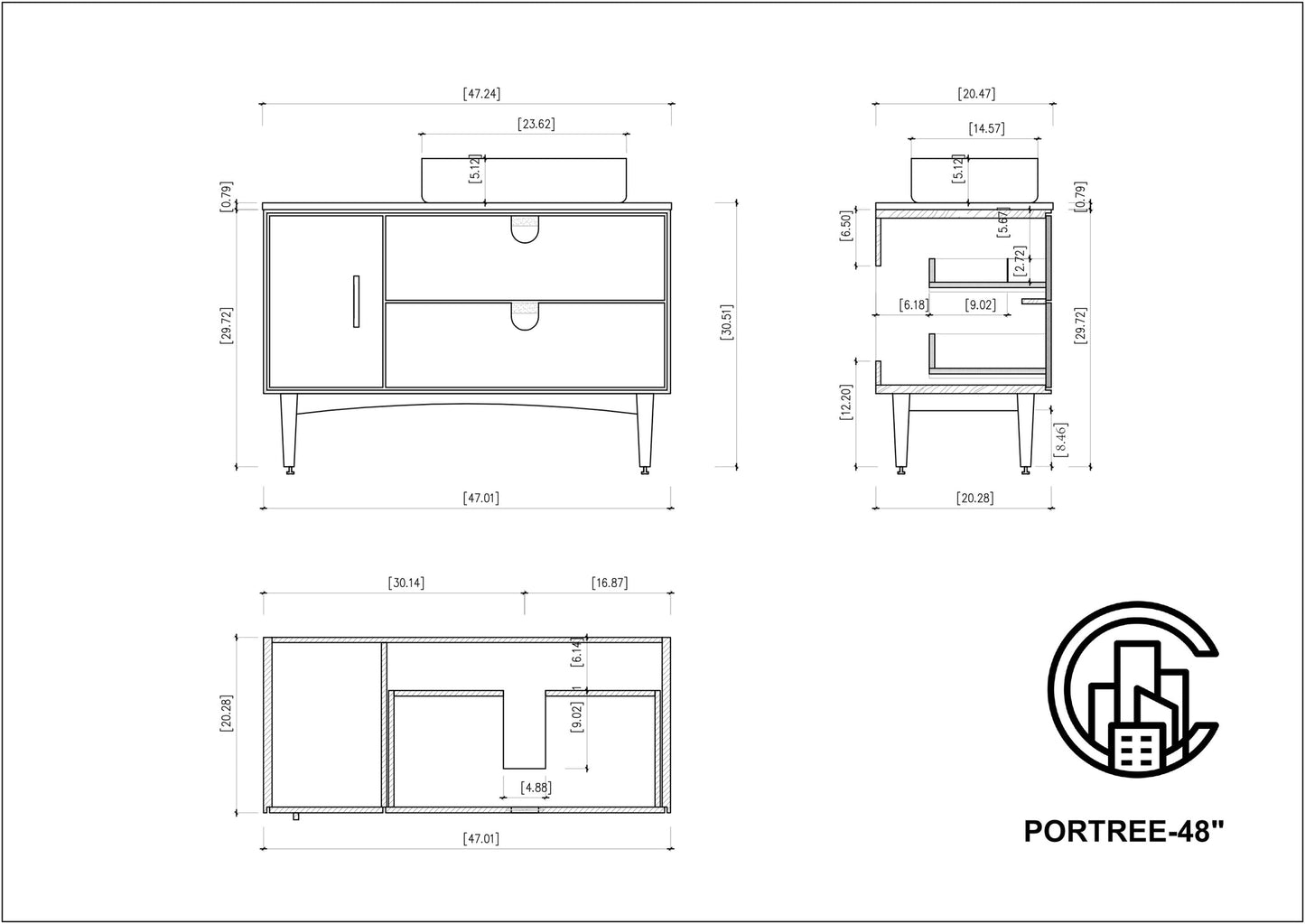 PORTREE 48” WALNUT MID-CENTURY FREESTANDING BATHROOM VANITY