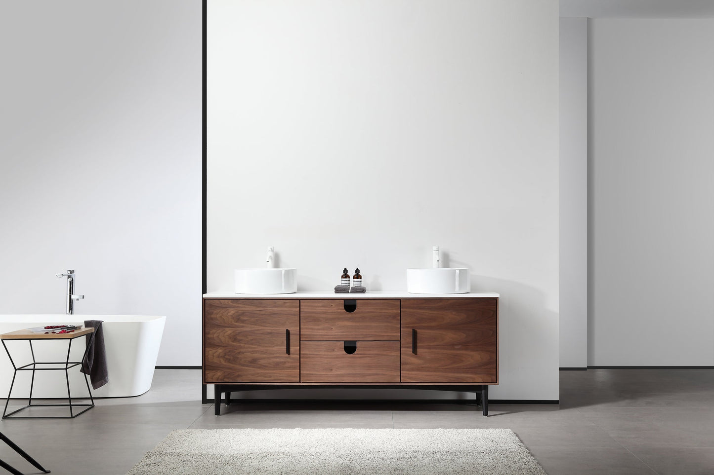 PORTREE 72” WALNUT MID-CENTURY FREESTANDING BATHROOM VANITY