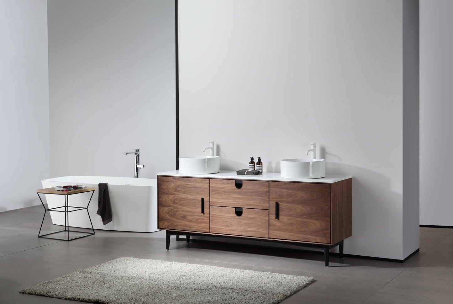 PORTREE 72” WALNUT MID-CENTURY FREESTANDING BATHROOM VANITY