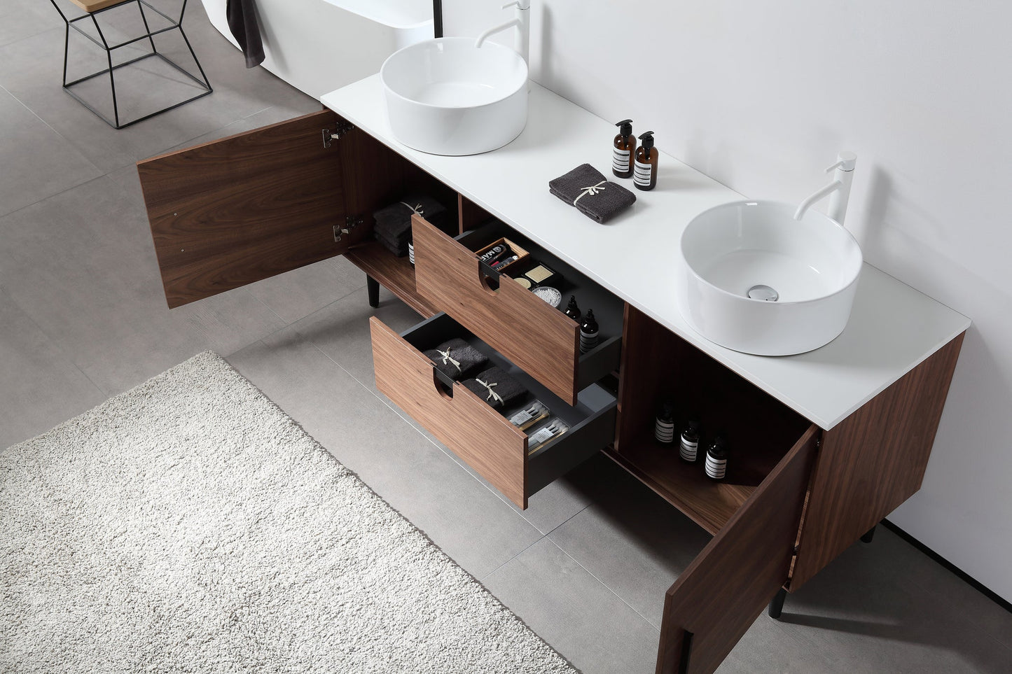 PORTREE 72” WALNUT MID-CENTURY FREESTANDING BATHROOM VANITY