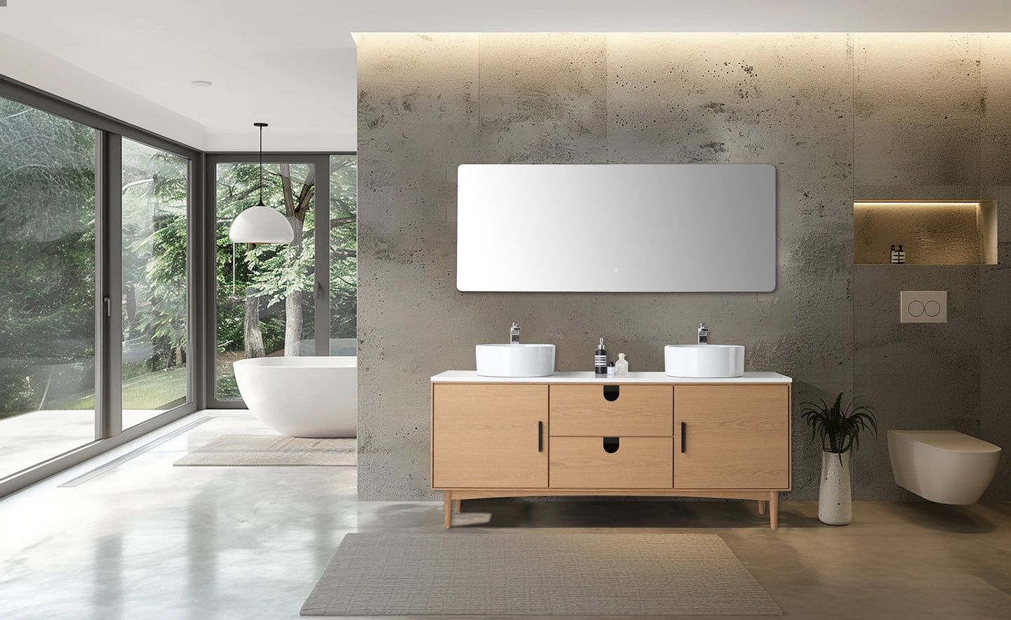 PORTREE 72” WHITEWASH OAK MID-CENTURY FREESTANDING BATHROOM VANITY